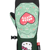 The 686 Revel mitt has a light green background with white and pink designs, and it features a large pink heart with "HELLO KITTY" written in white on the palm side.