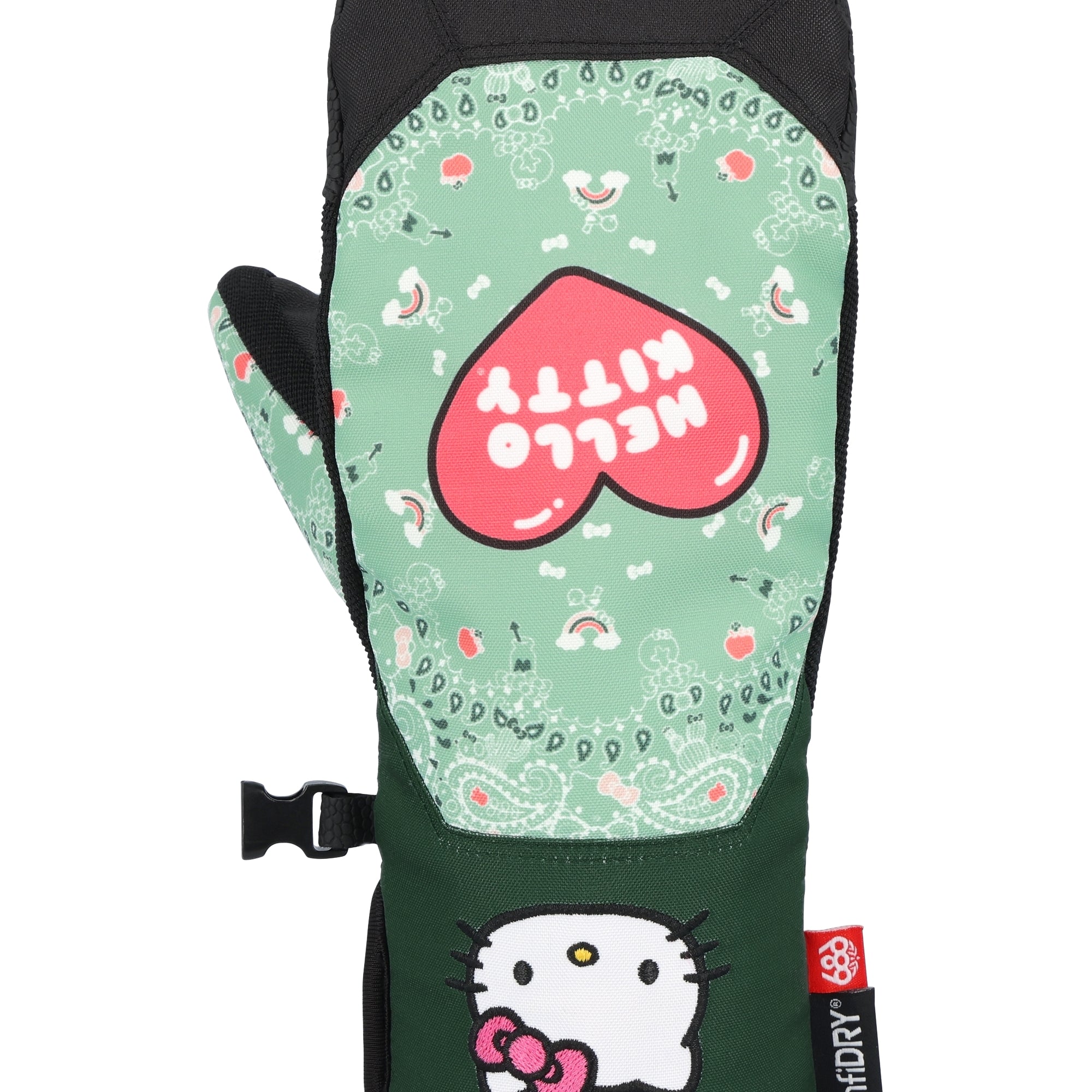 The 686 Revel mitt has a light green background with white and pink designs, and it features a large pink heart with "HELLO KITTY" written in white on the palm side.
