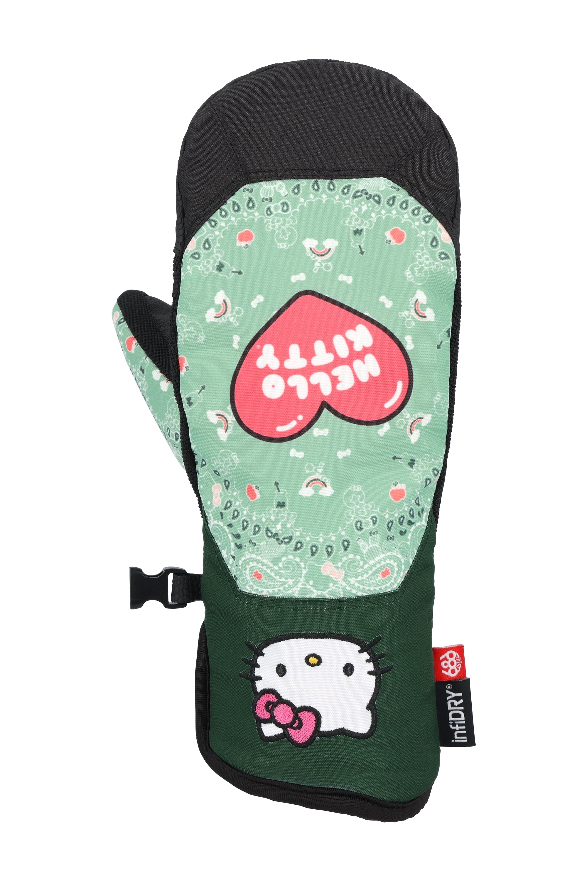 The 686 Revel mitt has a light green background with white and pink designs, and it features a large pink heart with "HELLO KITTY" written in white on the palm side.