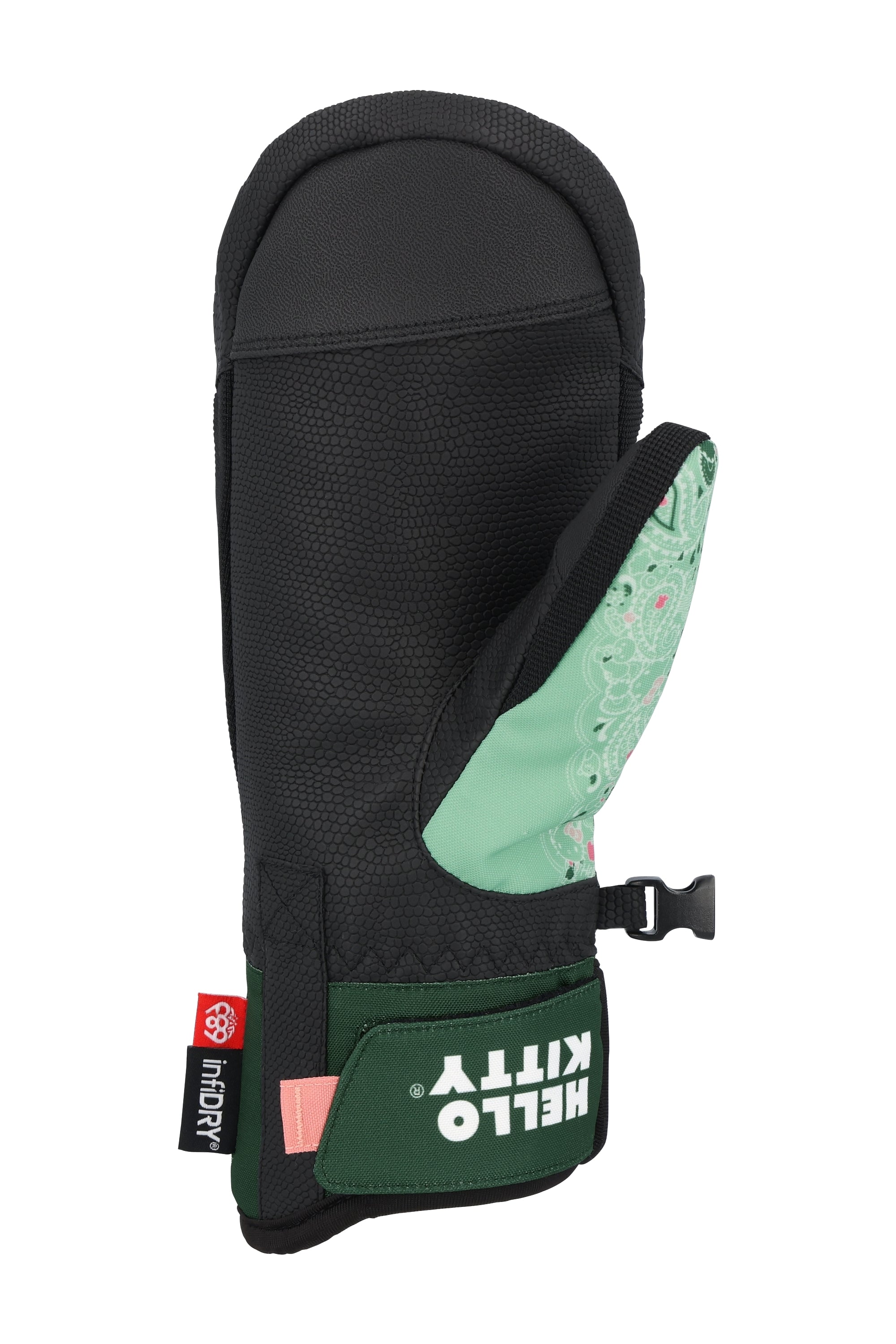 The 686 Women's Revel Mitt 2025 is black with a green paisley pattern on the inside and has an insulated hood.