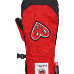 The 686 Revel Mitt in red with black accents has a white logo on the front and a pink zipper pull.