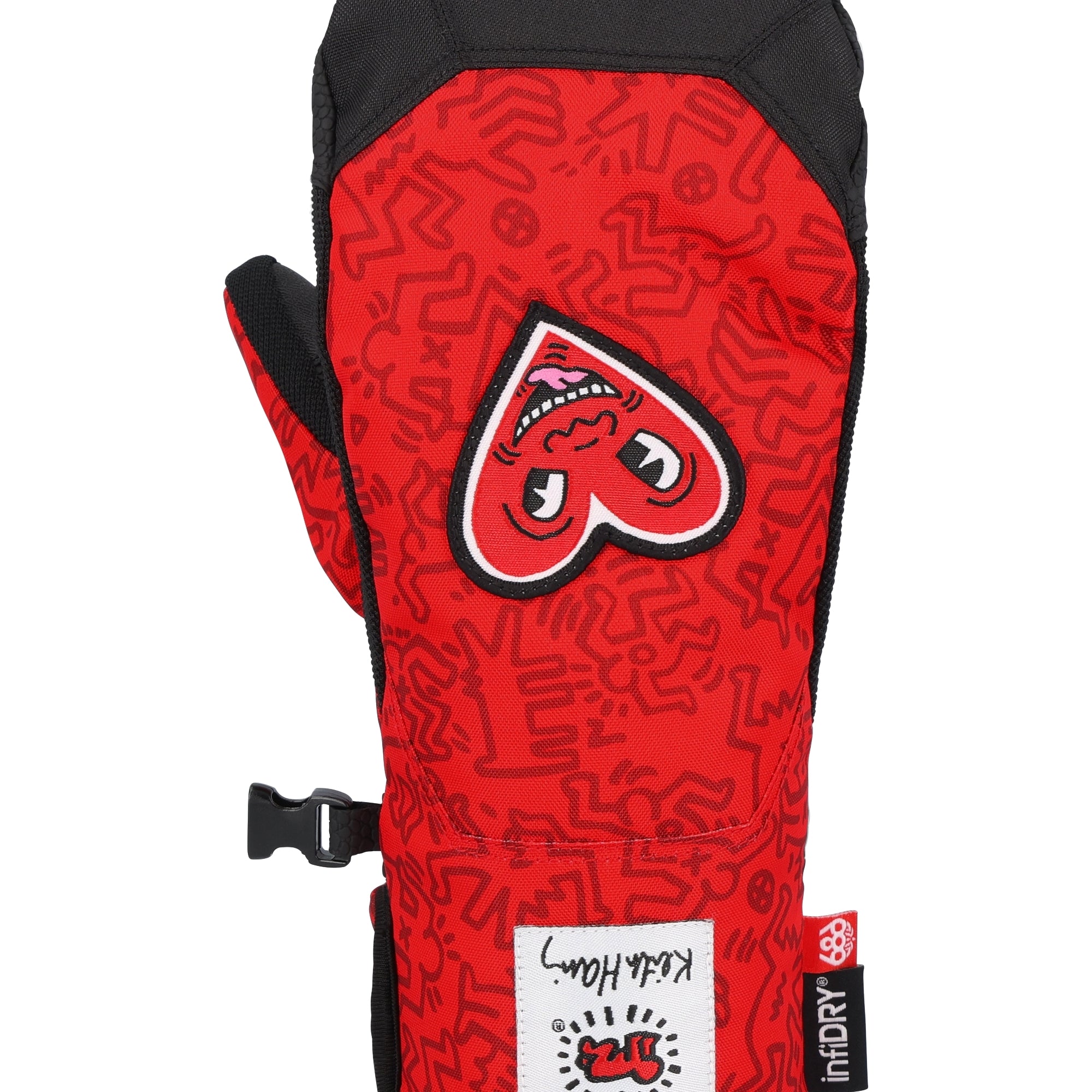 The 686 Revel Mitt in red with black accents has a white logo on the front and a pink zipper pull.