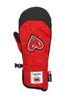 The 686 Revel Mitt in red with black accents has a white logo on the front and a pink zipper pull.