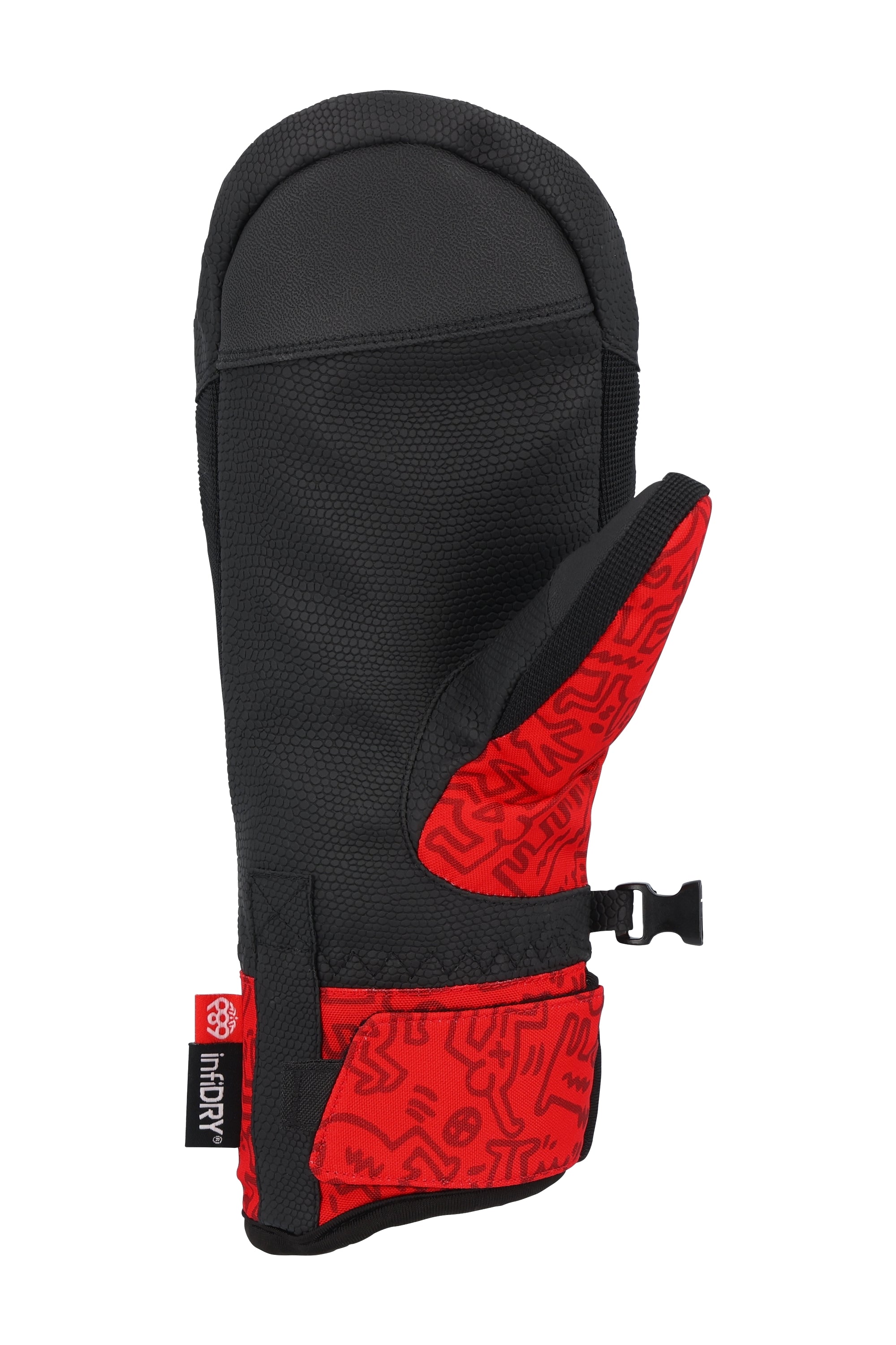 The 686 Women's Revel Mitt 2025 has a black and red design with a textured pattern on the palm side of the hand.
