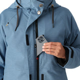 The 686 Women's SMARTY 3-in-1 Spellbound Jacket in this image is a light blue jacket with an insulated hood and black drawstrings.