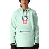 The 686 Women's Waterproof Hoody 2025 in this front view is light mint green with black accents and a Hello Kitty graphic on the chest.