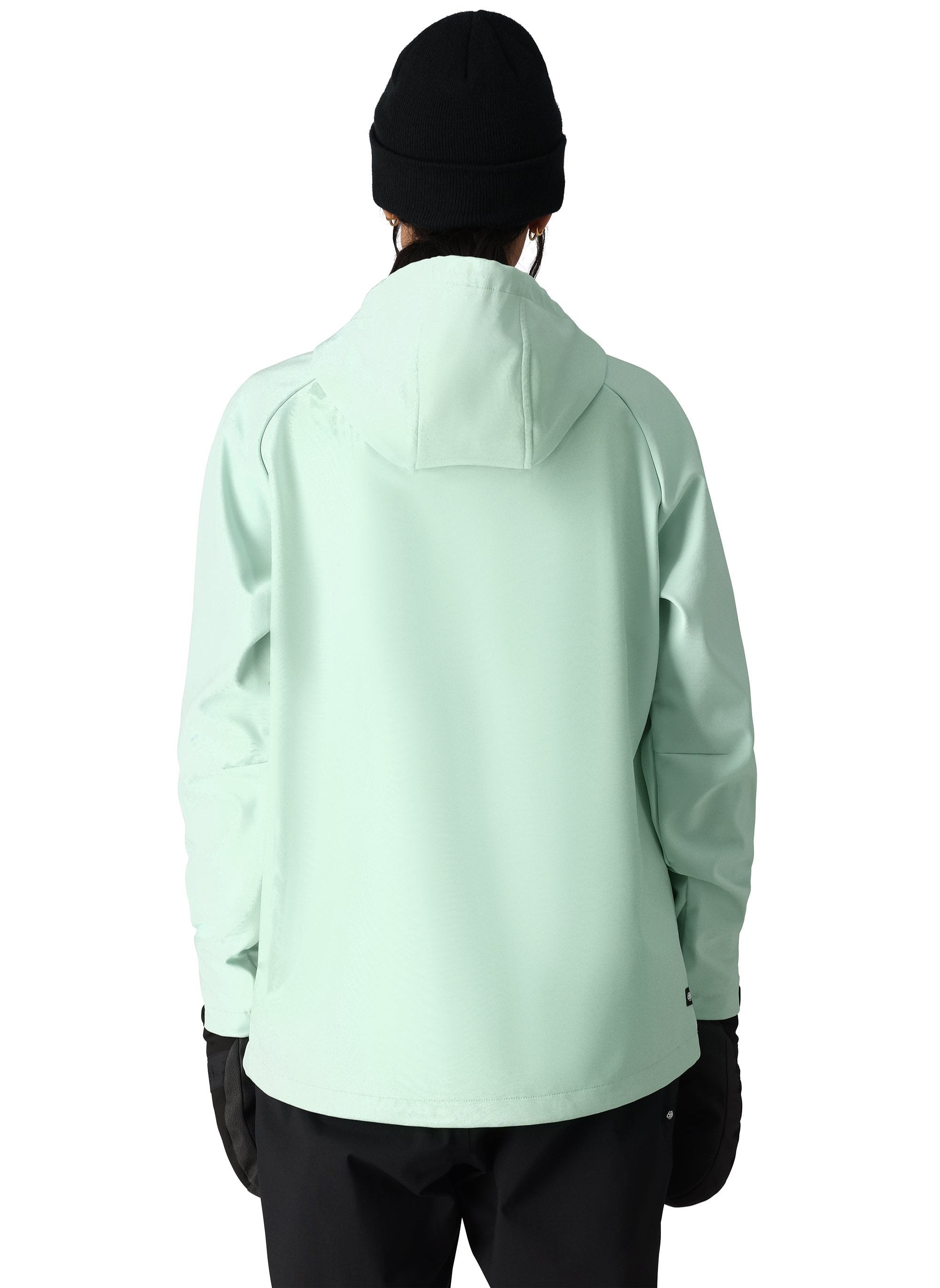 The 686 Women's Waterproof Hoody 2025 is light green with a hood and drawstring.