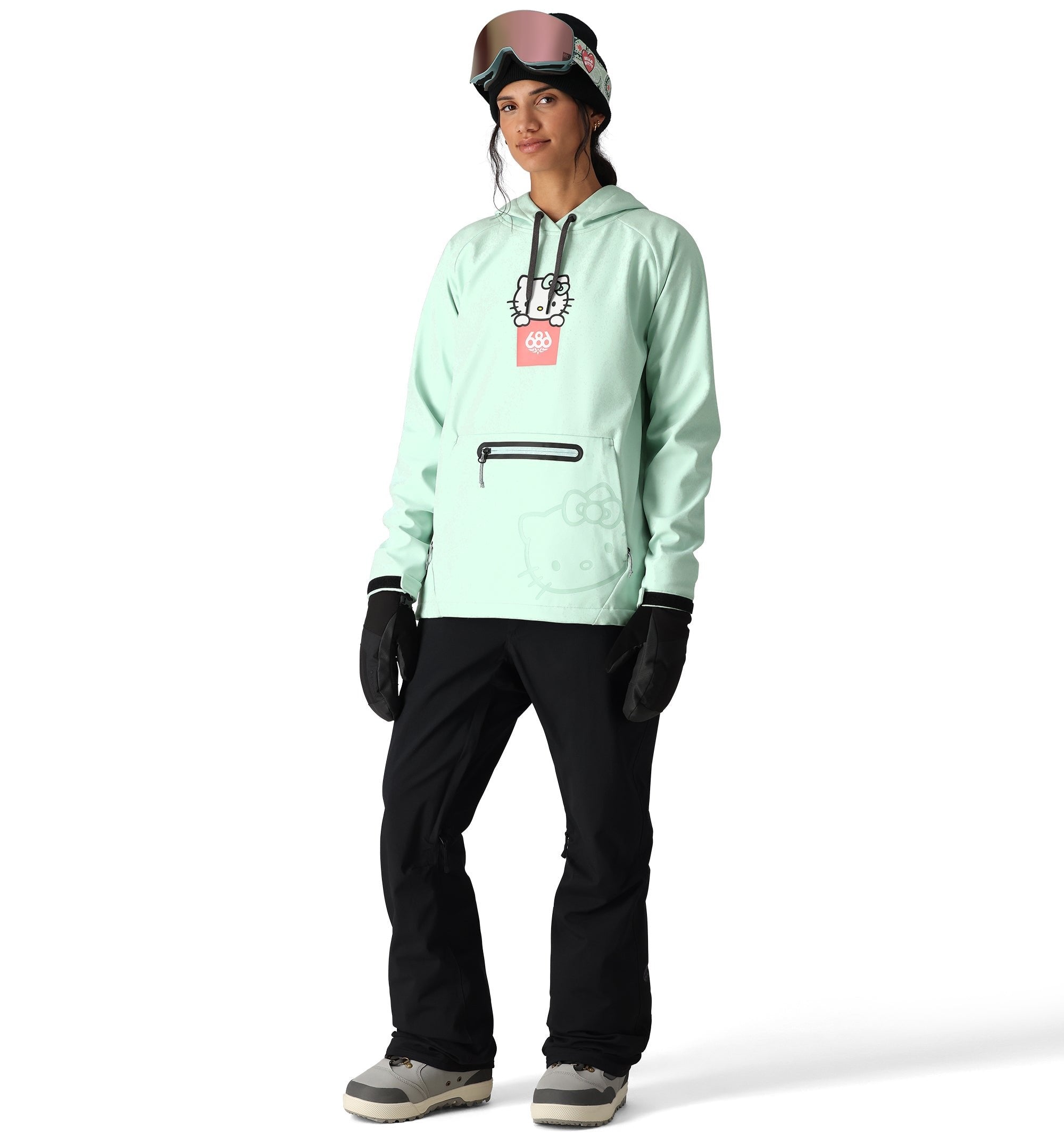 The 686 Women's Waterproof Hoody 2025 is mint green with a black zipper and drawstring at the hood.