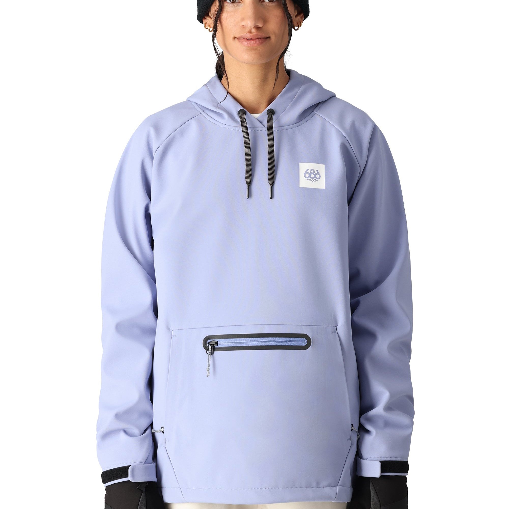 The 686 Women's Waterproof Hoodie has a light blue color with a front zippered pocket and a hood.