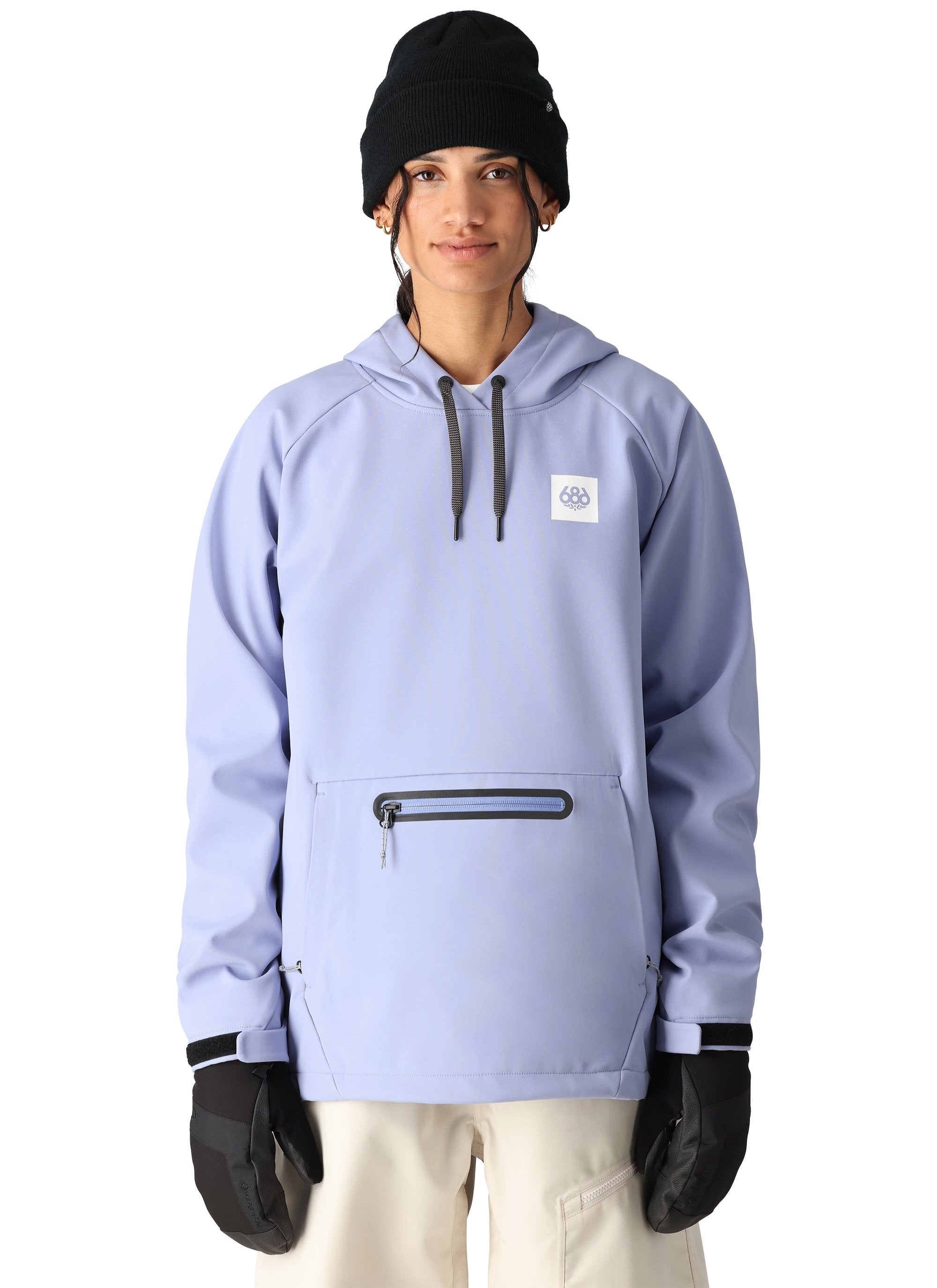 The 686 Women's Waterproof Hoodie has a light blue color with a front zippered pocket and a hood.