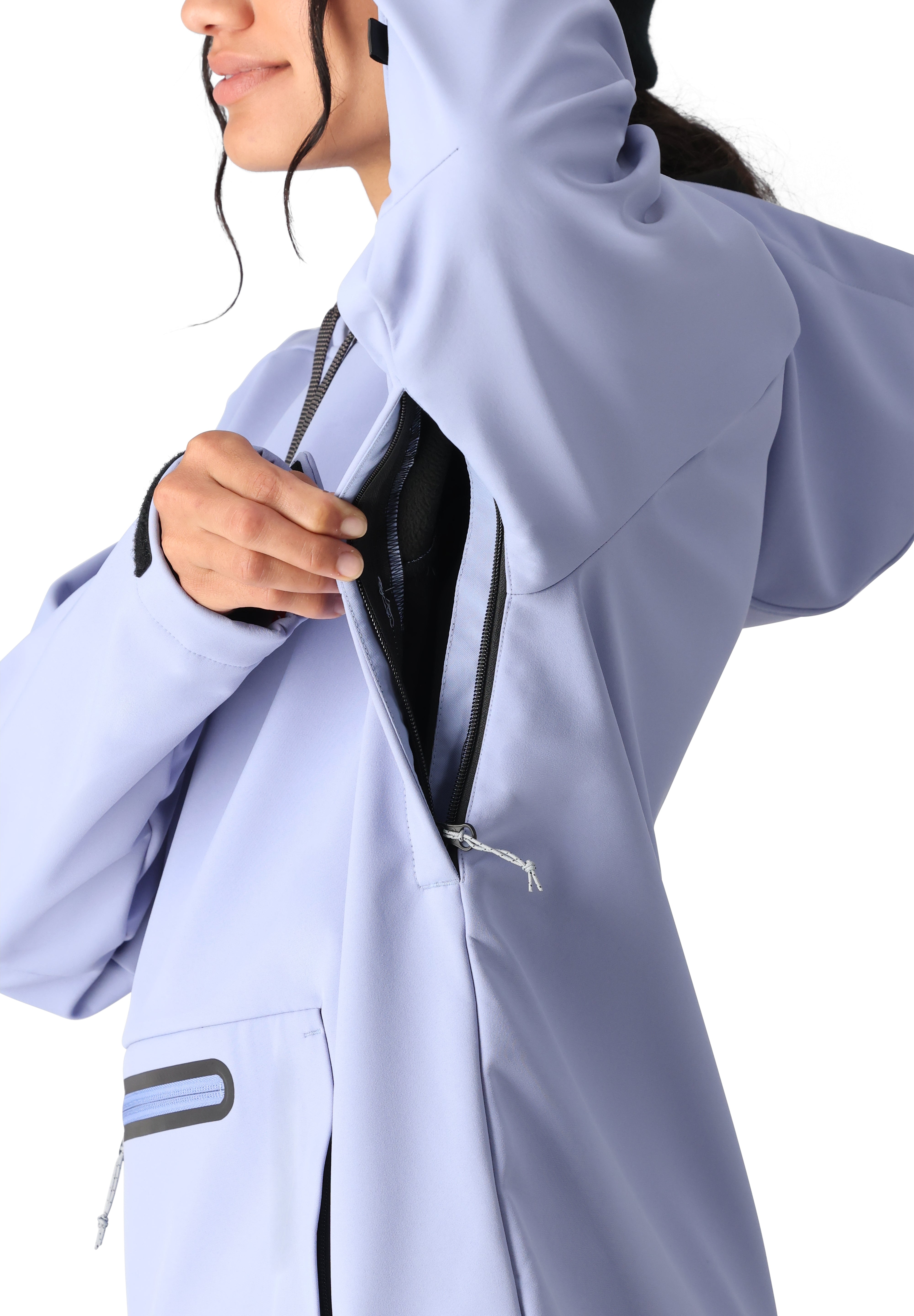 The 686 Women's Waterproof Hoody 2025 is light purple with a black zipper and hood.