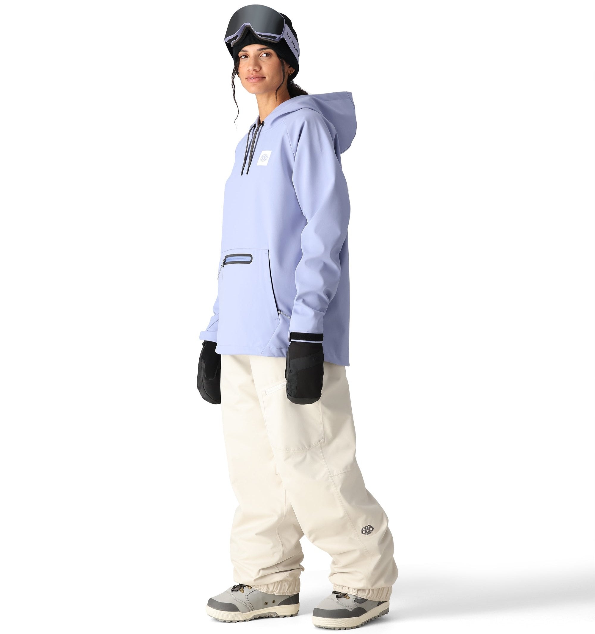 The 686 Women's Waterproof Hoody 2025 is periwinkle blue with black accents and a zippered pocket on the front.