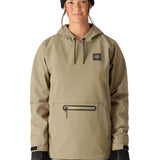 The 686 Women's Waterproof Hoody 2025 has a khaki-colored front view with a black logo on the chest and a drawstring hood.