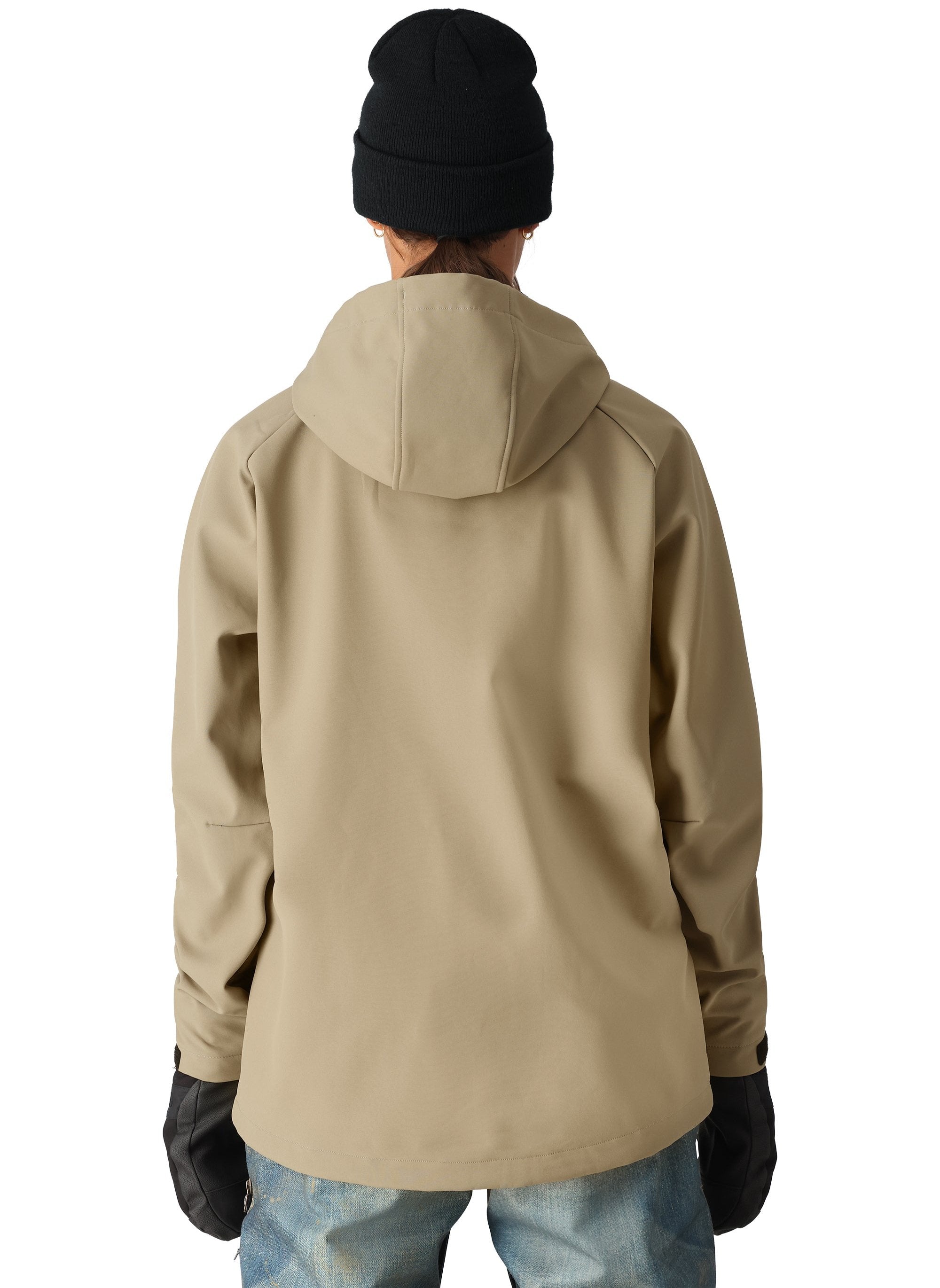 The 686 Women's Waterproof Hoody 2025 is primarily khaki with accents in black, as seen from the front view.