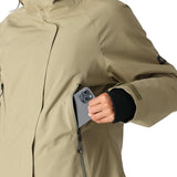 The 686 Whisper Insulated Jacket for women is a light tan color with an insulated hood and a front zipper.