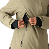 The 686 brand Whisper Insulated Jacket in tan has an insulated hood and black accents.