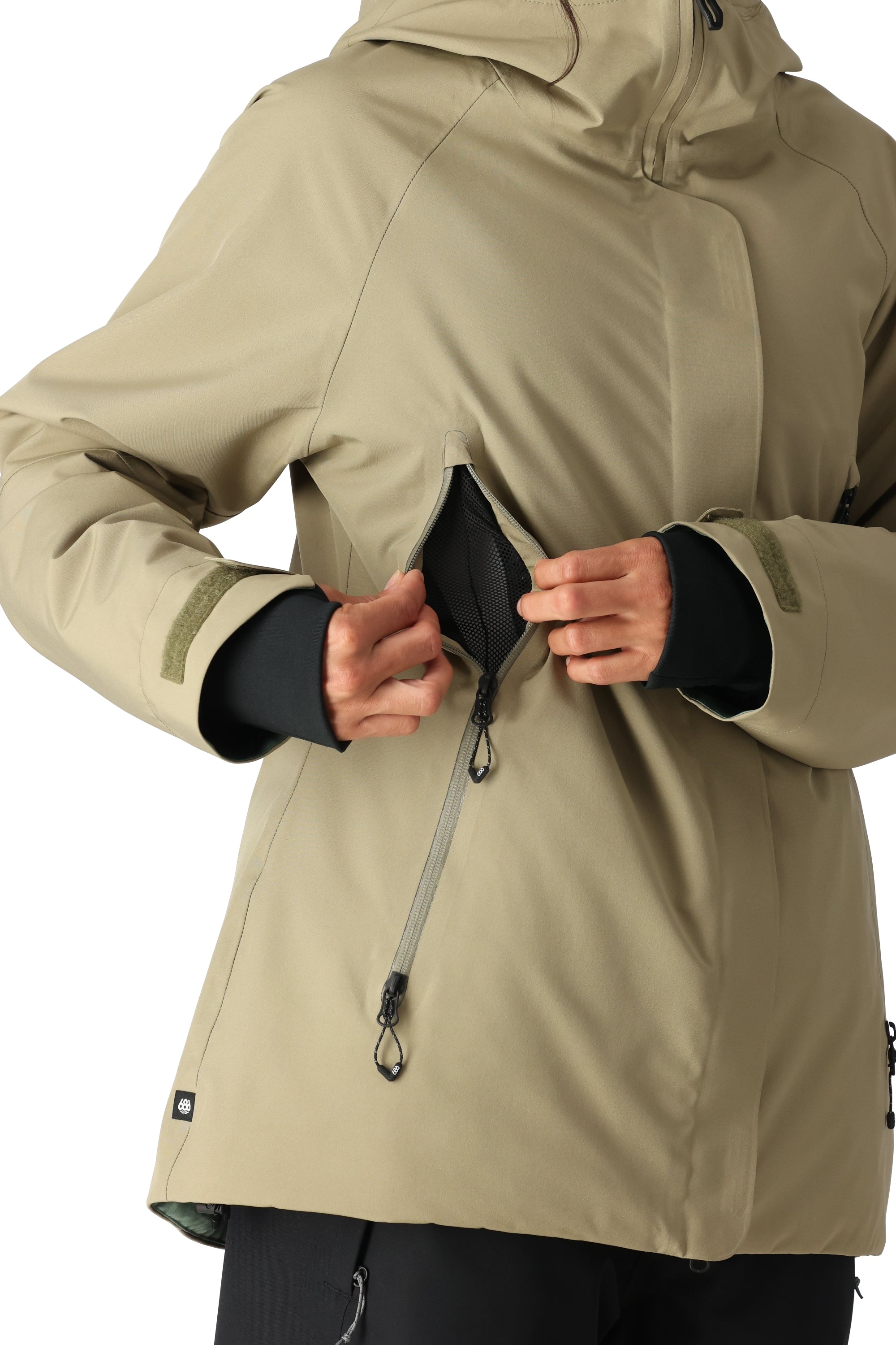 The 686 brand Whisper Insulated Jacket in tan has an insulated hood and black accents.