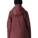 The 686 Whisper Insulated Jacket in burgundy showcases a zippered chest pocket with flap and magnetic closure.