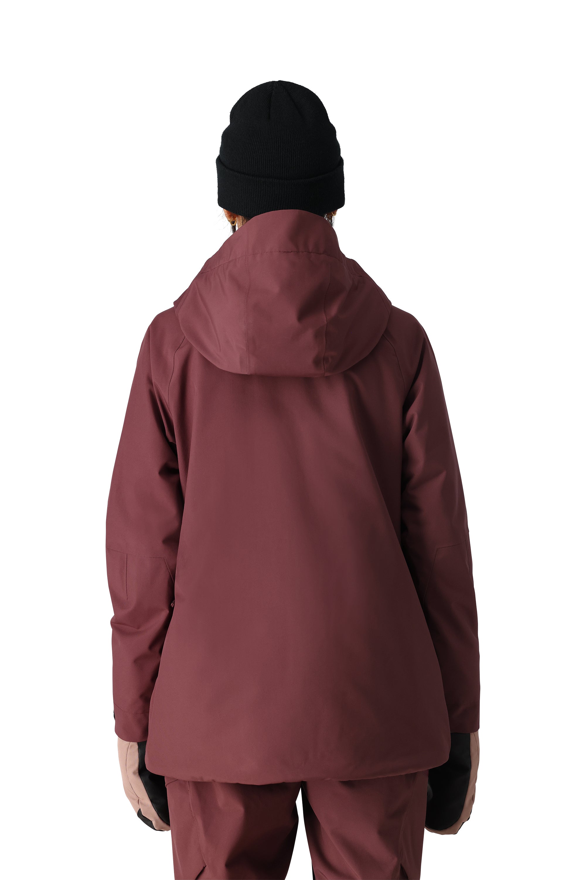 The 686 Whisper Insulated Jacket in burgundy showcases a zippered chest pocket with flap and magnetic closure.