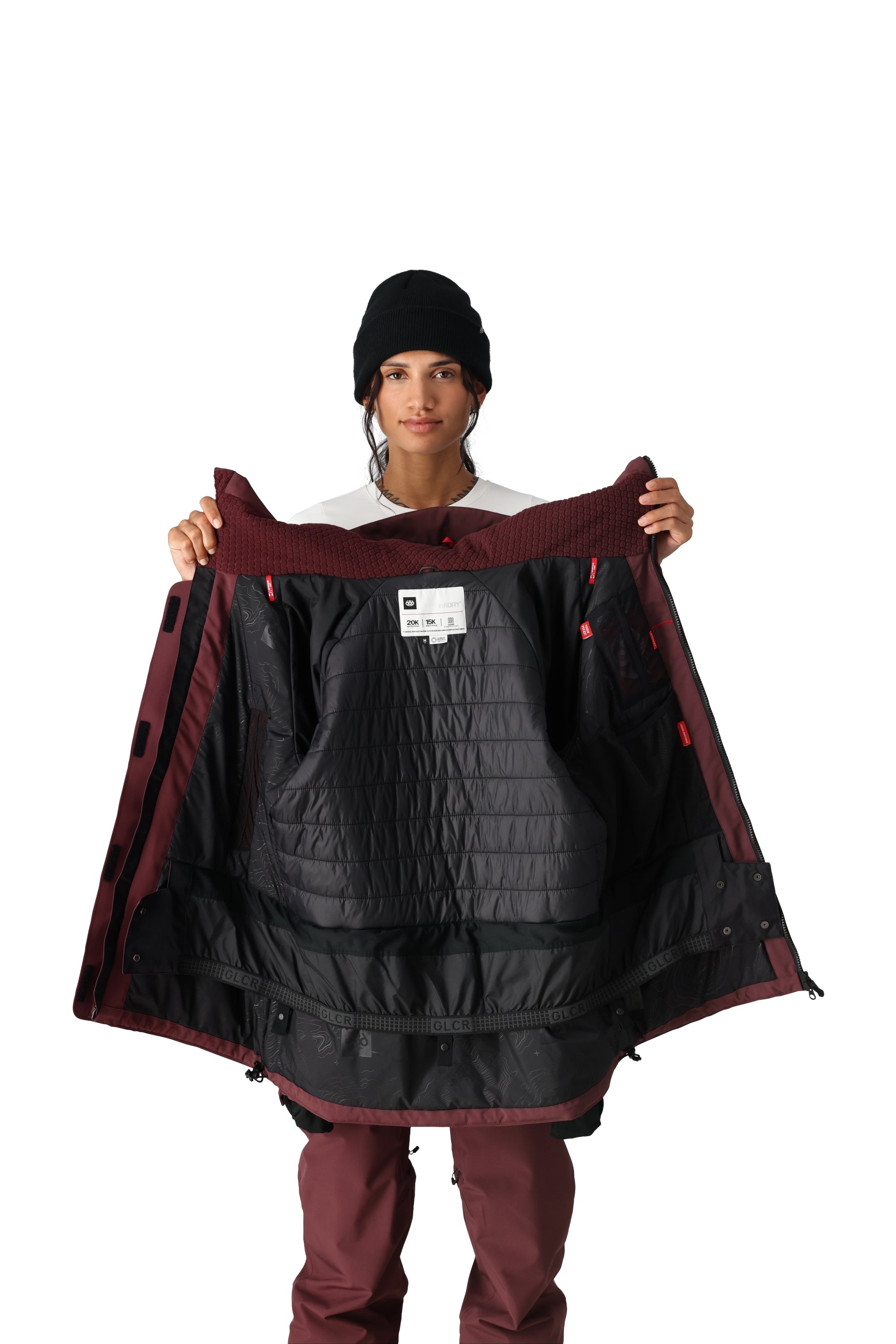 The 686 Whisper Insulated Jacket is showcased in this front view, highlighting its burgundy color and insulated design.
