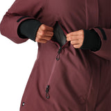 The 686 Women's Whisper Insulated Jacket in maroon has an insulated hood and a front zipper.