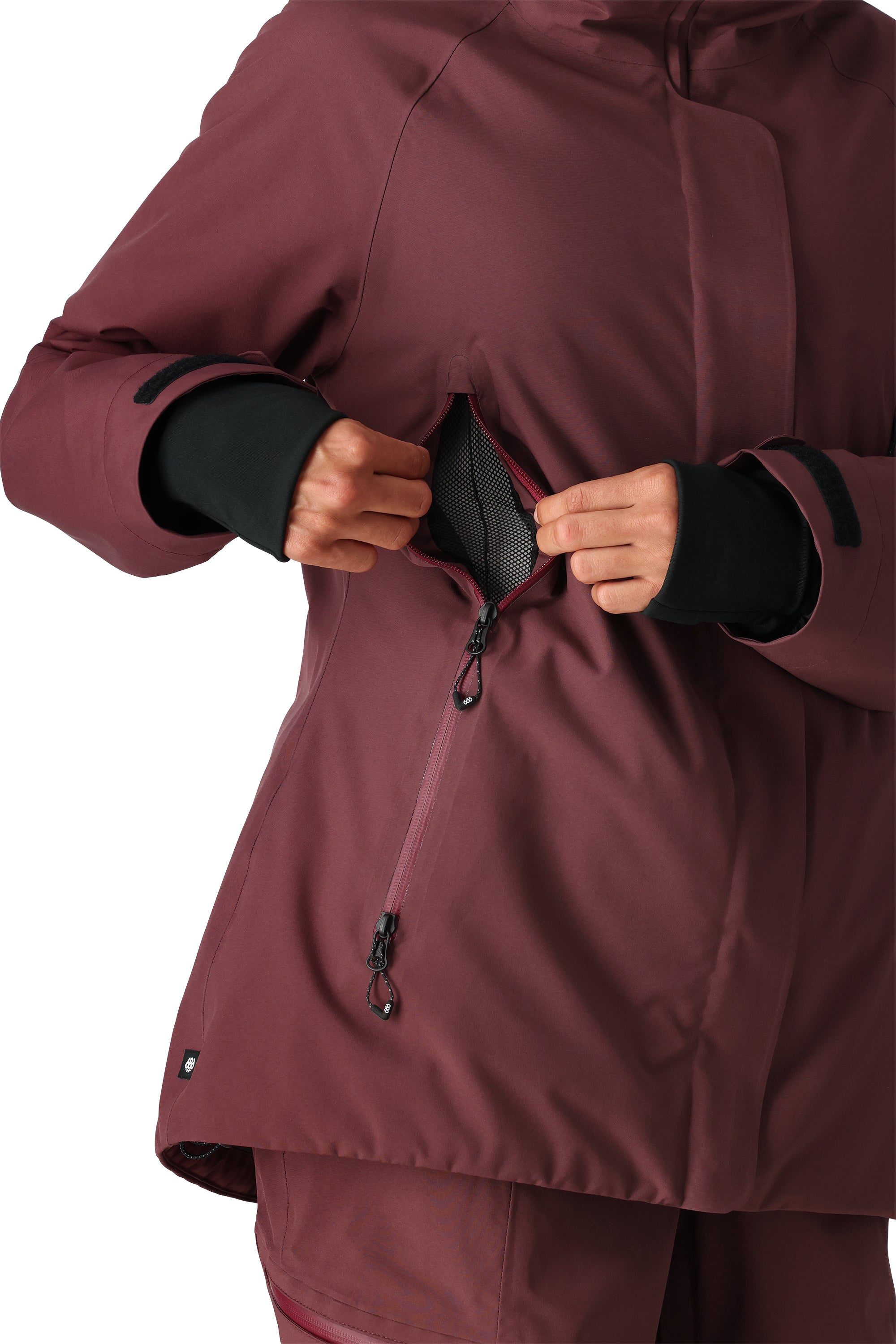 The 686 Women's Whisper Insulated Jacket in maroon has an insulated hood and a front zipper.