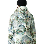 The 686 Whisper Insulated Jacket appears to be predominantly white with black accents and a leaf pattern in shades of green, blue, and pink.