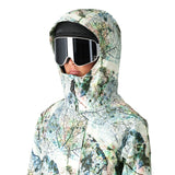 The 686 Whisper Insulated Jacket in white has a leaf print design with an insulated hood.