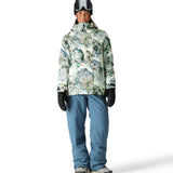 The 686 Whisper Insulated Jacket from 686 features a white base with green and blue floral patterns, a high collar, and an adjustable hood.