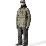 The 686 Woodland Insulated Jacket 2025 is shown from the front, wearing a plaid pattern in shades of green and black.