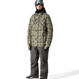 The 686 Woodland Insulated Jacket 2025 is shown from the front, wearing a plaid pattern in shades of green and black.