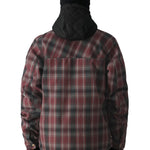 The back view of the 686 Woodland Insulated Jacket 2025 shows a red and black plaid pattern with a quilted hood.