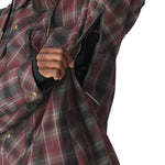 The 686 Woodland Insulated Jacket 2025 is primarily maroon with a white and grey plaid pattern, featuring an insulated hood and zippered pockets.