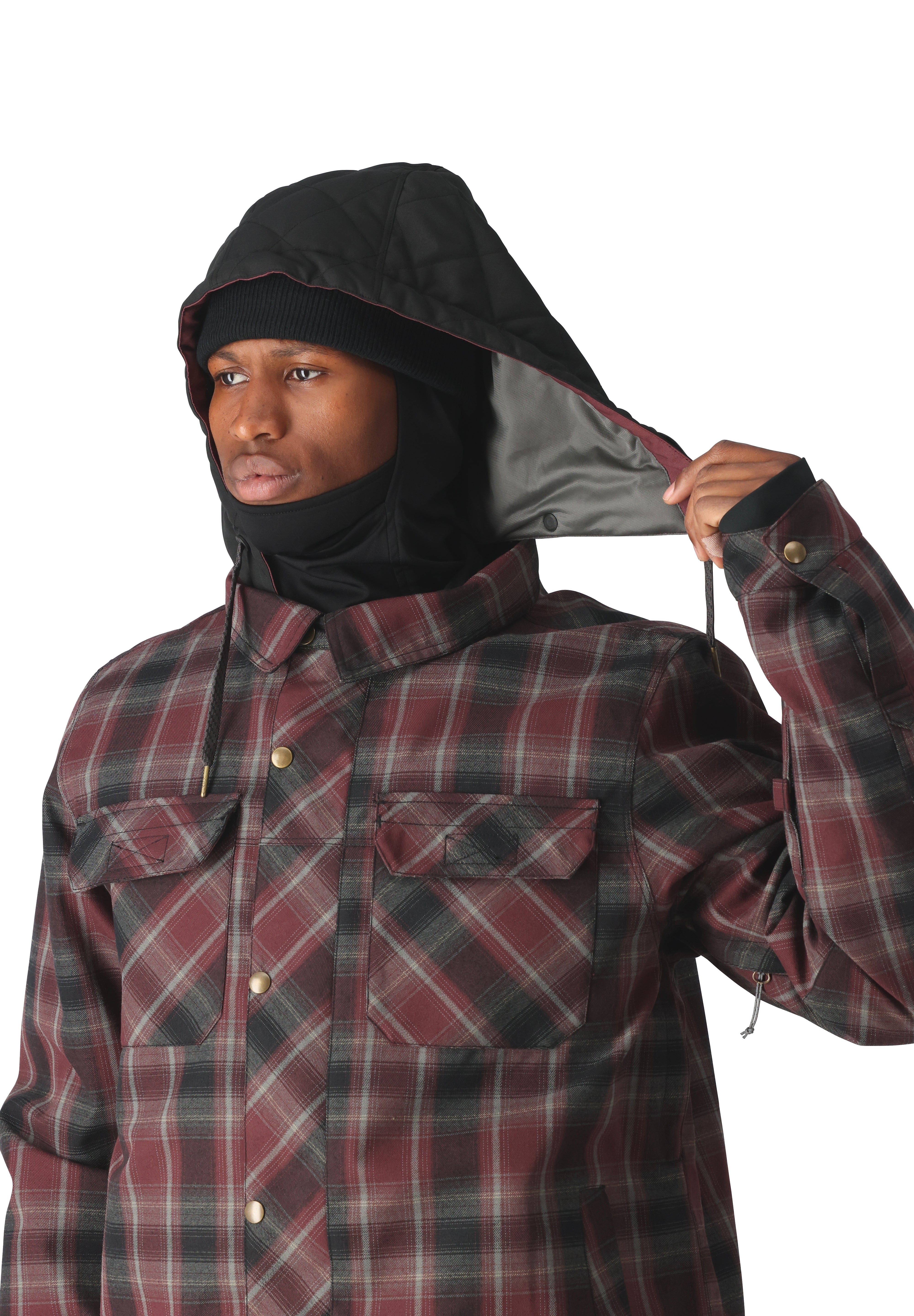 The 686 Woodland Insulated Jacket 2025 is predominantly maroon with a black hood and front pockets.