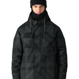 The 686 Woodland Insulated Jacket 2025 is black with a plaid pattern and has a hood.