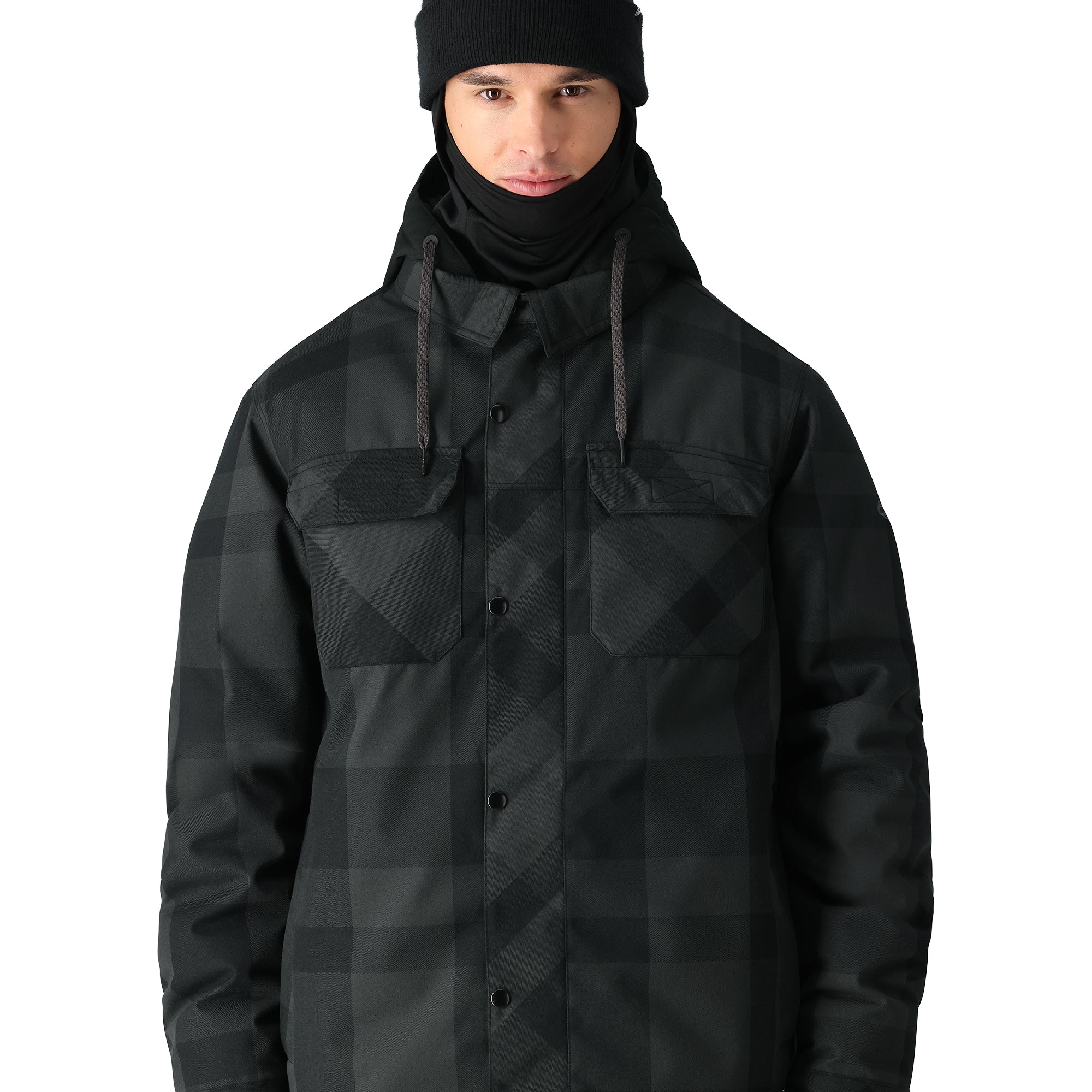 The 686 Woodland Insulated Jacket 2025 is black with a plaid pattern and has a hood.