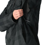 The 686 Woodland Insulated Jacket 2025 in black and gray plaid features an insulated hood.