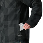 The 686 Woodland Insulated Jacket features a black plaid pattern with a quilted design and an insulated hood.