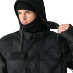 The 686 Woodland Insulated Jacket 2025 is predominantly black with a subtle plaid pattern and an insulated hood.
