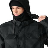 The 686 Woodland Insulated Jacket 2025 is predominantly black with a subtle plaid pattern and an insulated hood.