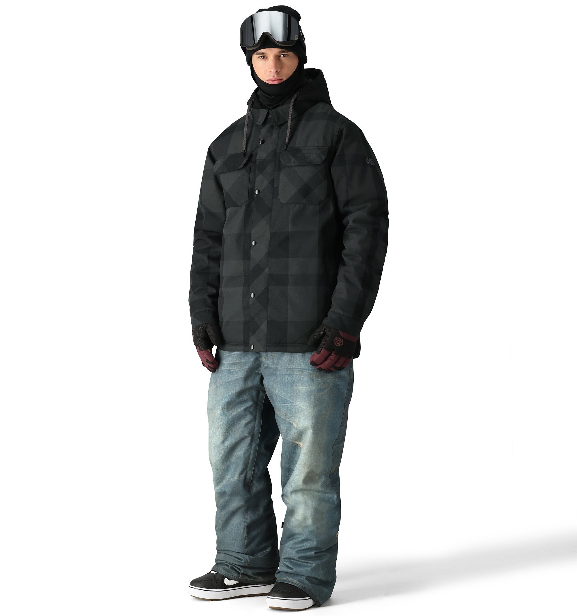 The 686 Woodland Insulated Jacket is shown in black and grey plaid with a hood and front pockets.