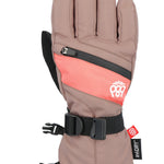 The 686 Youth Heat Insulated Glove 2025 has a light brown color with darker brown accents and a black strap on the wrist.