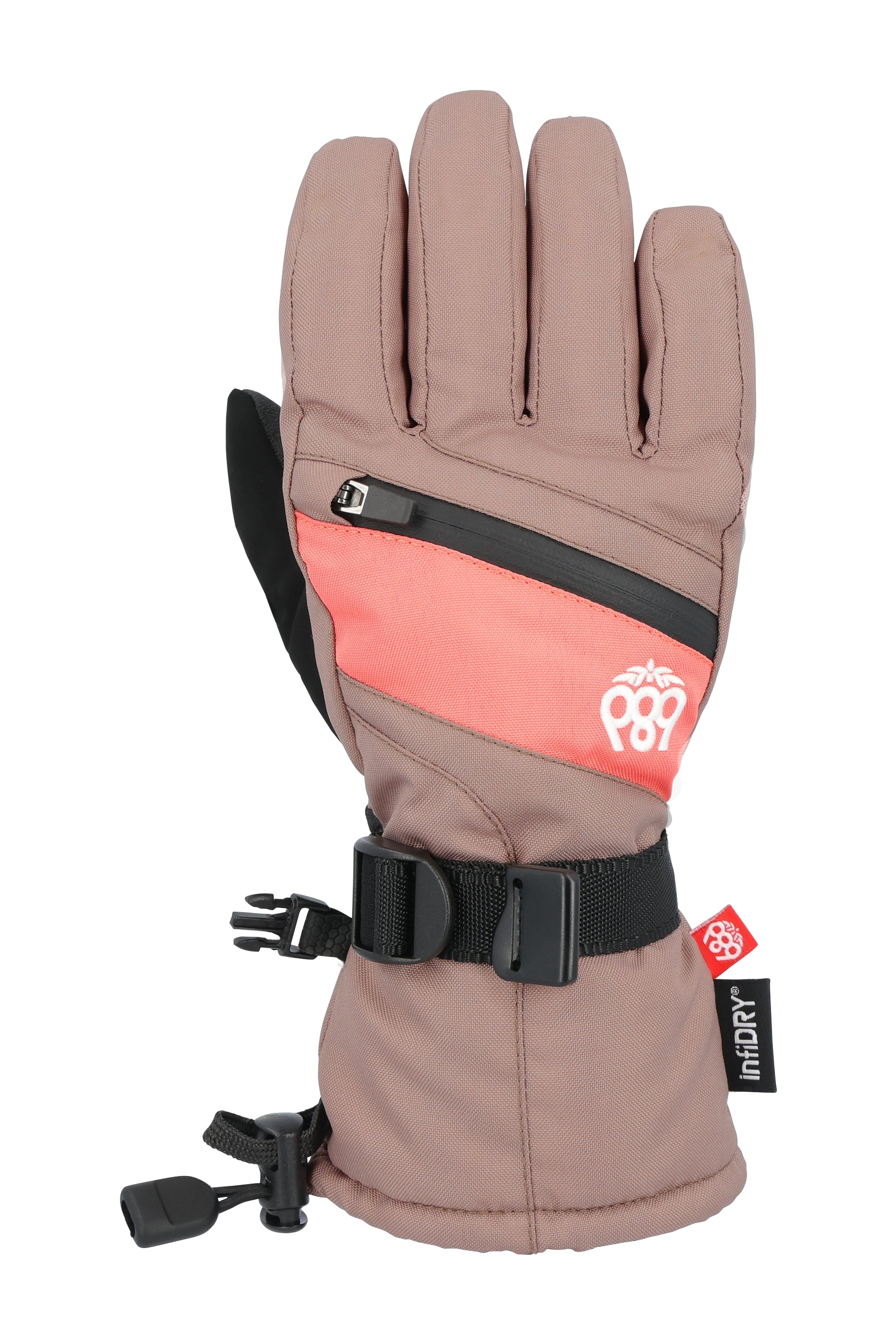 The 686 Youth Heat Insulated Glove 2025 has a light brown color with darker brown accents and a black strap on the wrist.
