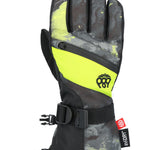 The 686 Youth Heat Insulated Glove 2025 boasts a vibrant yellow and gray camouflage pattern with neon green accents on the palm.