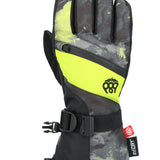 The 686 Youth Heat Insulated Glove 2025 boasts a vibrant yellow and gray camouflage pattern with neon green accents on the palm.