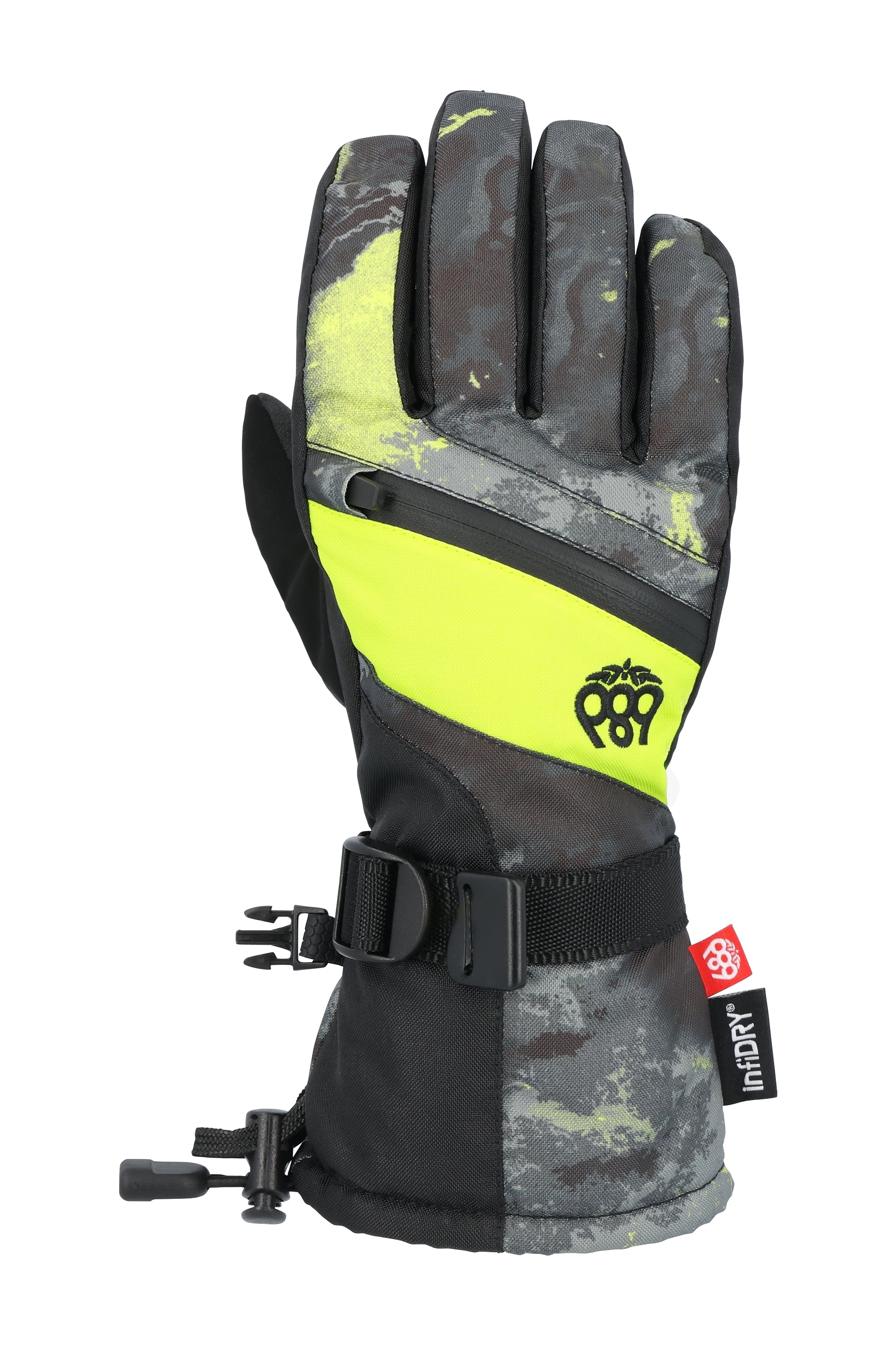 The 686 Youth Heat Insulated Glove 2025 boasts a vibrant yellow and gray camouflage pattern with neon green accents on the palm.