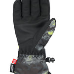 A black and gray 686 glove with neon yellow accents is shown in this side view, displaying its insulated palm and wrist.
