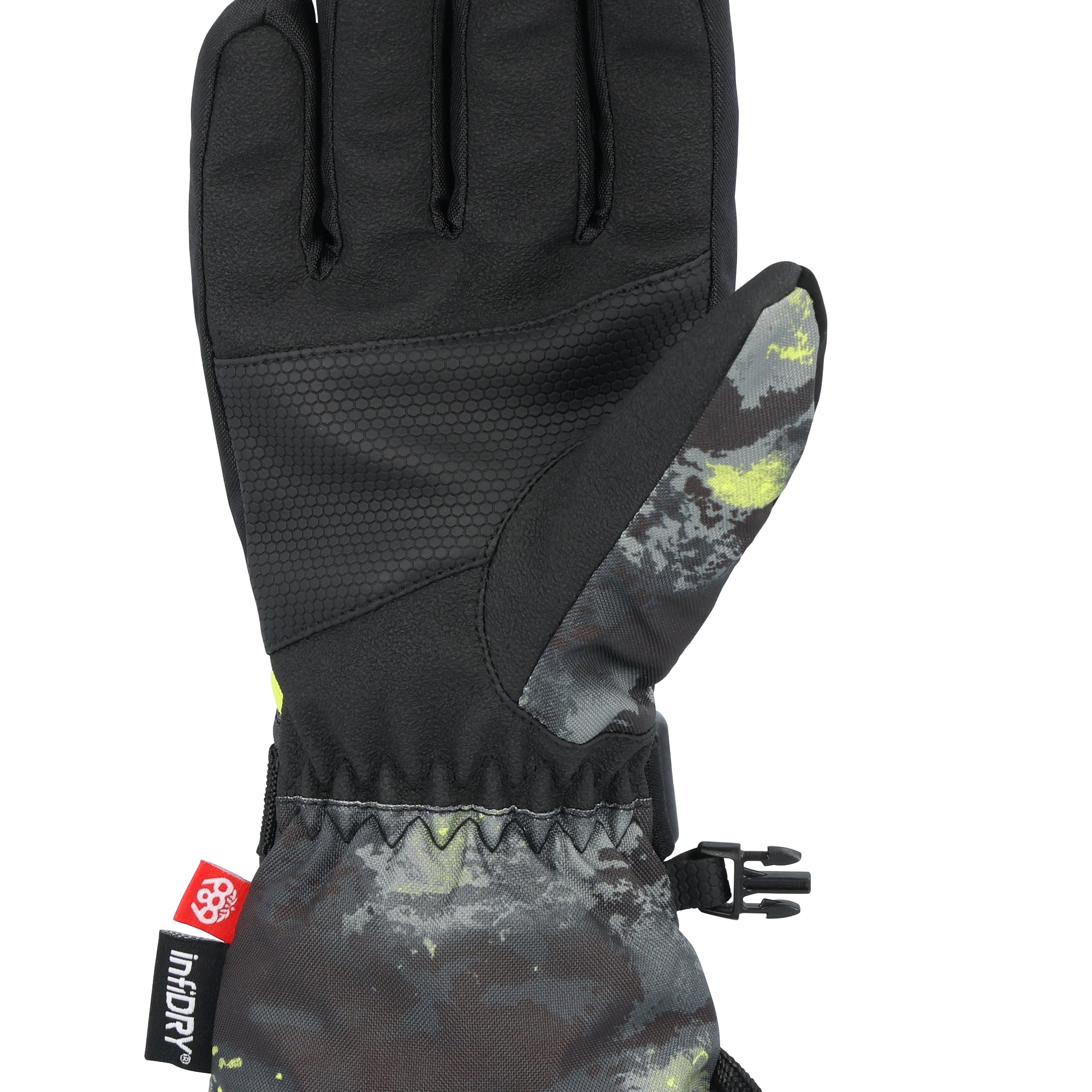 A black and gray 686 glove with neon yellow accents is shown in this side view, displaying its insulated palm and wrist.
