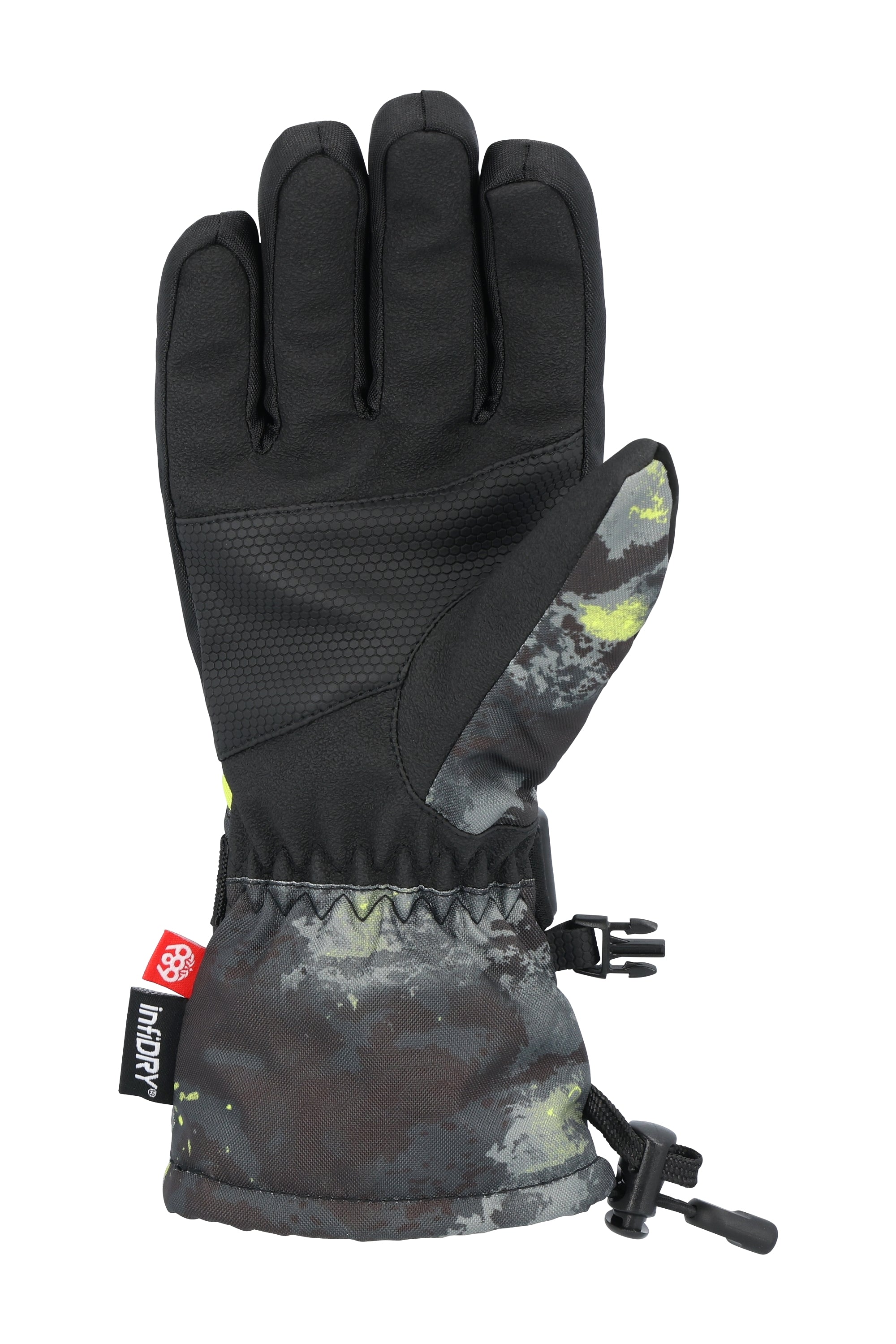 A black and gray 686 glove with neon yellow accents is shown in this side view, displaying its insulated palm and wrist.