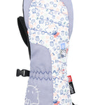 The 686 Youth Heat Insulated Mitt 2025 has a white background with blue and pink flowers and a light purple trim.